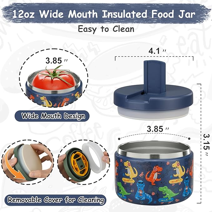 12oz Insulated Vacuum Food Jar with Buckle Lid Wide Mouth Soup Thermo for Hot Food Kids Leakproof Stainless Steel Lunch Container (Blue-Dinosaur)