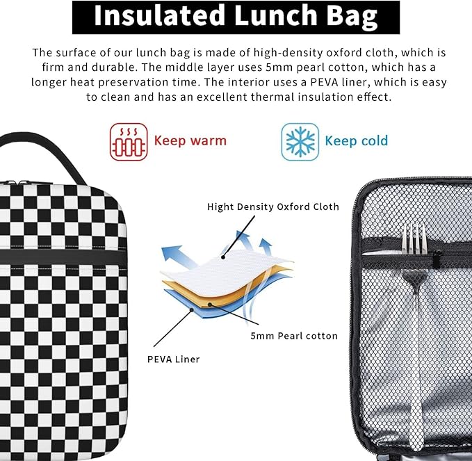 Black White Checkerboard Insulated Lunch Box Bag Portable Lunch Tote For Women Men And Kids