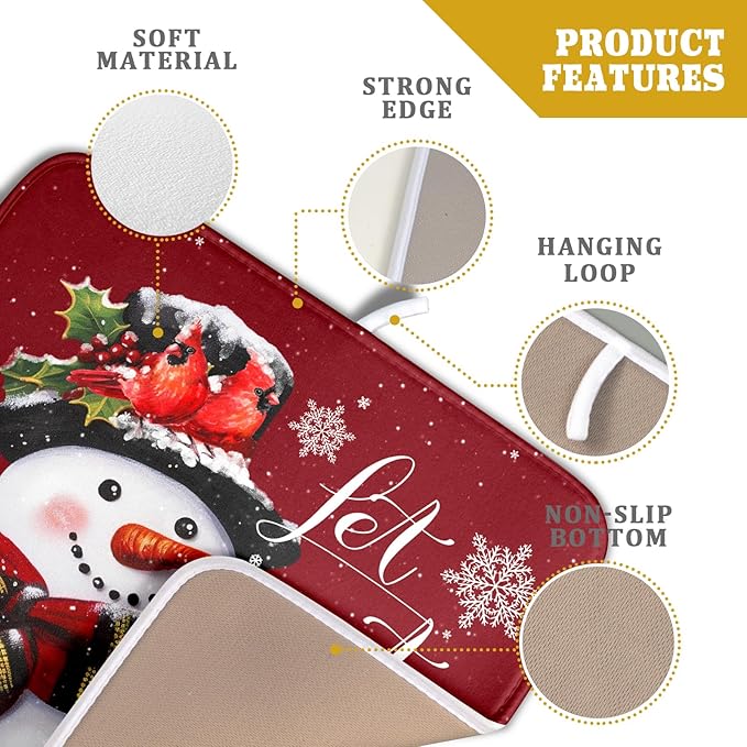 Christmas Dish Drying Mat for Kitchen Counter Snowman Let It Snow Microfiber Absorbent Dish Draining Reusable Washable Foldable 16"x18"