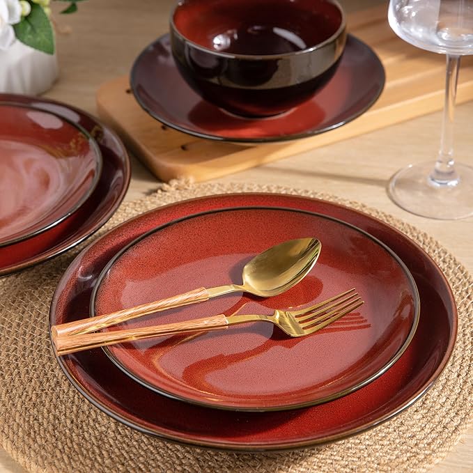LERATIO Ceramic Dinnerware Sets for 8,Stoneware Plates and Bowls Sets,Handmade Reactive Glaze Dishes Set,Chip Resistant and Scratch Resistant | Oven&Dishwasher & Microwave Safe-Red (24PCS)