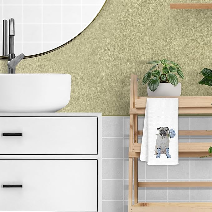 Blue Chinoiserie Hydrangea Pug Dog Kitchen Towels, Pug Lover Gifts Dish Tea Towels for Kitchen Decor, Dog Lovers Mom Gifts Decorative Hand Towel for Bathroom, 16x24 Inch