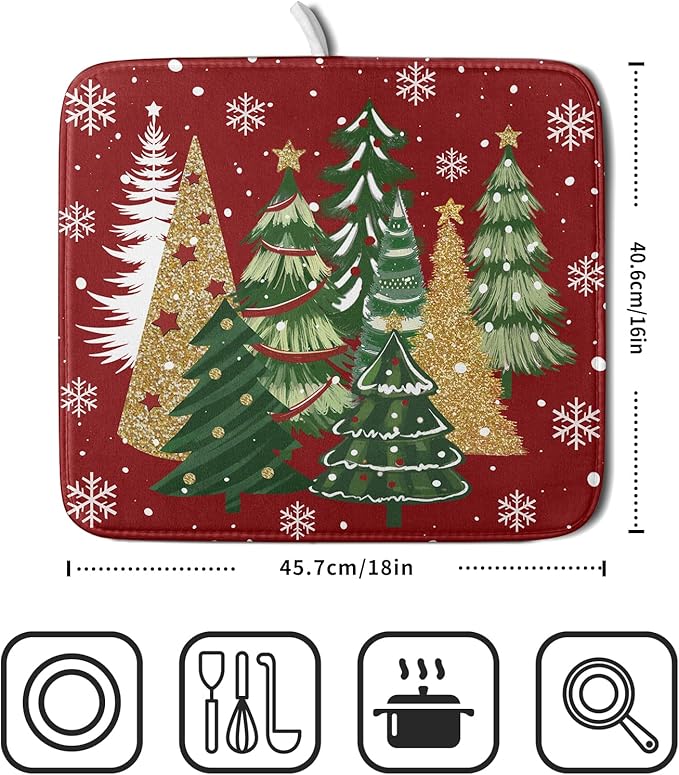 Christmas Red Dish Drying Mats 16x18 Inch, Gold Green Xmas Pine Trees Winter Holiday Absorbent Fast Dry Microfiber Dishes Drainer Rack Pad Farmhouse Rustic Holiday Kitchen Decor