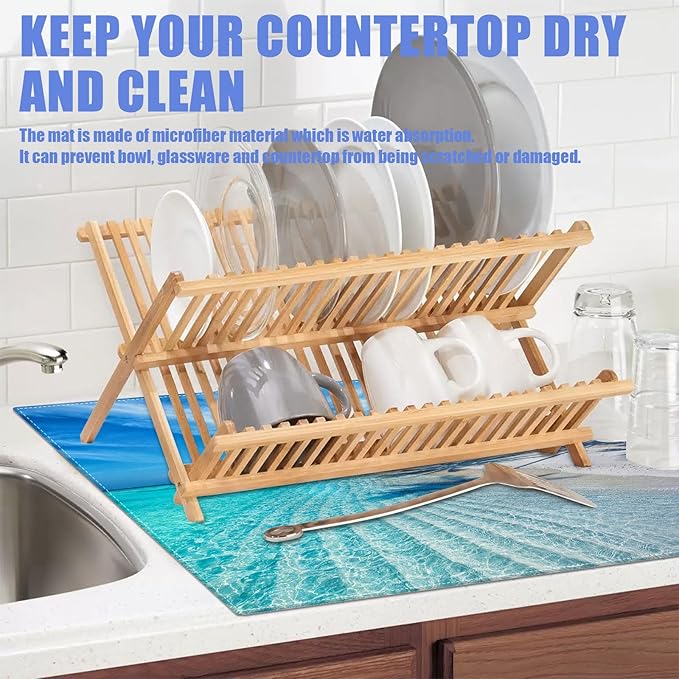 Beach Palm Tree Dish Drying Mat for Kitchen Counter Drying Pad Absorbent Reversible Dish Drainer Rack Mats Draining Pad 18"x24"Inch