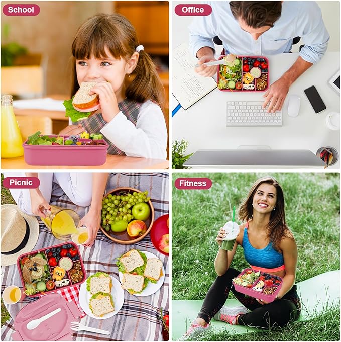 Bento Box Adult Lunch Box,Lunch Containers for Adults Kids,5-Compartment Bento Box for Kids Snack Boxes with Cutlery (Pink)