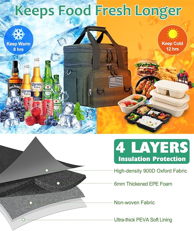 Tactical Lunch Box for Men, Expandable Large Insulated Lunch Bag for Adult, Heavy Duty Double Deck Lunch Cooler Bag with Shoulder Strap, Leakproof Soft Lunch Pail with American Flag - Green