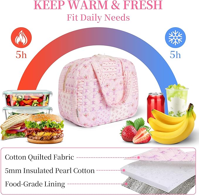 Quilted Lunch Box for Women,Insulated Cute Reusable Lunch Bag with Front Pocket,Pink Flower Stylish Lunch Tote Bag for Work, Office,Picnic, Travel,School (purple pin)