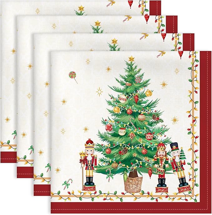 Christmas Pine Tree Napkins, 18×18 Inch Embroidered Cotton Napkins Set of 4, Washable Cotton Soft Absorbent Square Table Top Decoration for Dining Kitchen Party Wedding