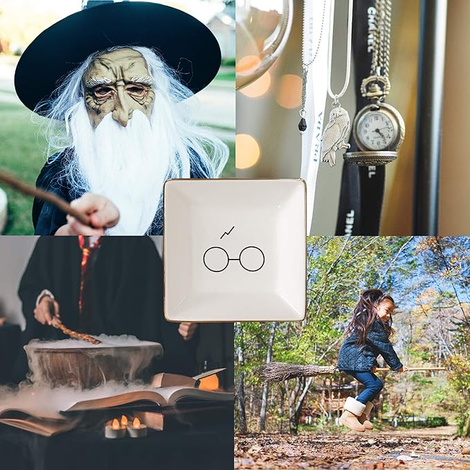 Simply Charmed Porcelain Jewelry Ring Holder Tray – Harry Potter Gift, Porcelain Trinket Dish, 4"x4" White with Golden Glaze, Jewelry Organizer