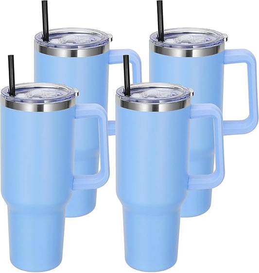 DOMICARE 40 oz Tumbler with Handle and Straw, Stainless Steel Tumbler with Lid and Straw, Reusable Vacuum Insulated Cup, Travel Coffee Mug, Blue, 4Pack