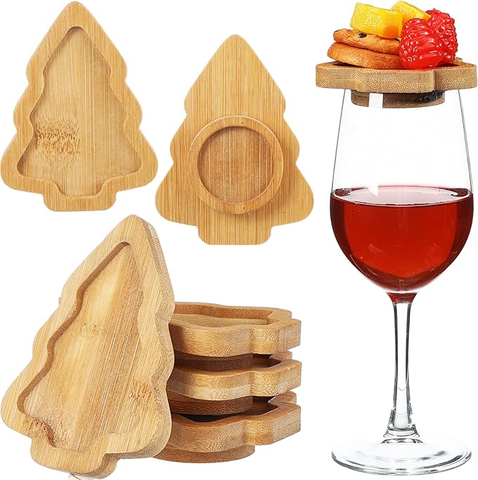 Roshtia 6 Pcs Wine Glass Charcuterie Topper, Christmas Wine Glass Charcuterie Topper, Funny Wood Appetizer Plates, Mini Santa Serving Trays for Outdoor Party Housewarming Gifts (Xmas Tree)