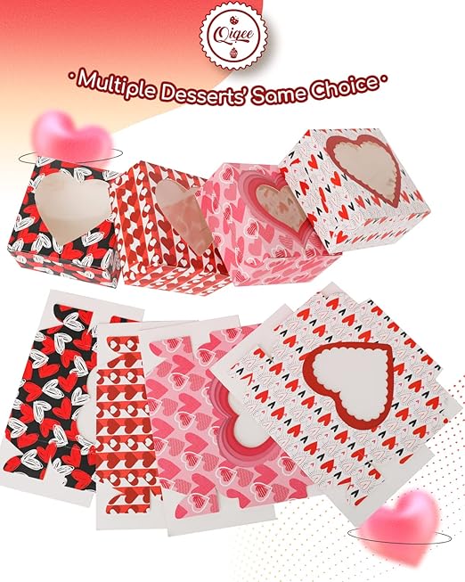 qiqee Valentine Bakery Box with Original Unique Design 60packs 6x6x3 Cookie Boxes Pastry Box for Valentine's Day