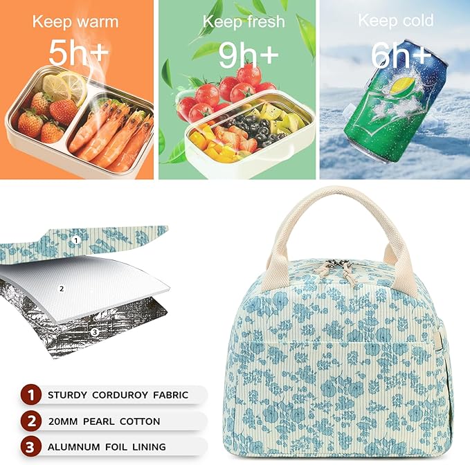 Bluboon Lunch Bag for Women Men Cute Corduroy Lunch Tote Bags Reusable Insulated Lunch Box Large Capacity Reusable Insulated Cooler for Work Picnic or Travel