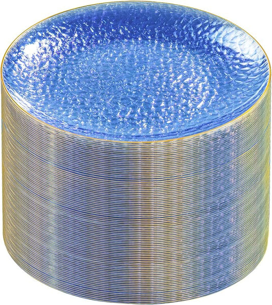 Rubtlamp 60 Pieces Blue Gold Plastic Plates - 10 inch Blue Plastic Dinner Plates - Hammer Pattern Design - Fancy Clear and Gold Disposable Plates Ideal for Wedding & Party