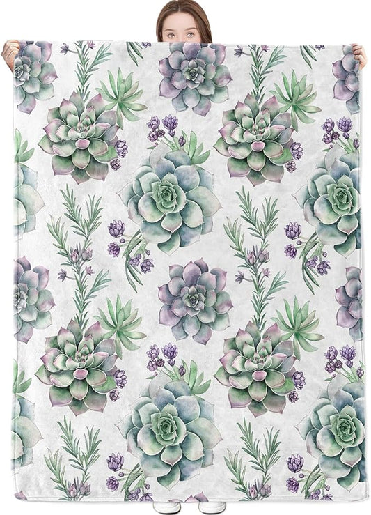 Succulent Blanket Botanical Floral Throw Blankets Lightweight Flannel Throws for Camping Couch Chair Office Bed Home Spring Summer Decor Gifts for Plant Lover,80x60inch