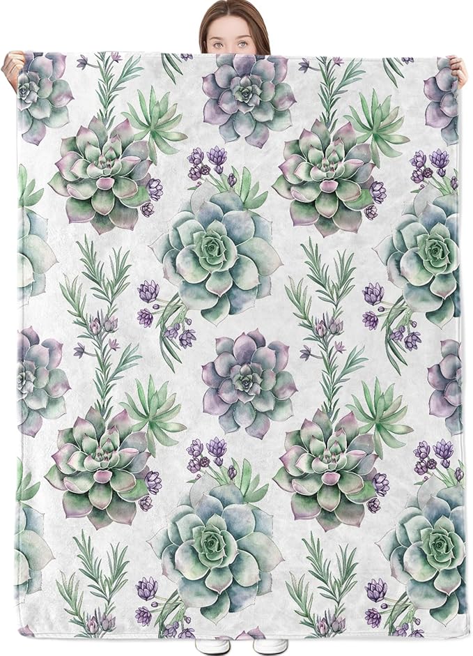 Succulent Blanket Botanical Floral Throw Blankets Lightweight Flannel Throws for Camping Couch Chair Office Bed Home Spring Summer Decor Gifts for Plant Lover,50x40inch