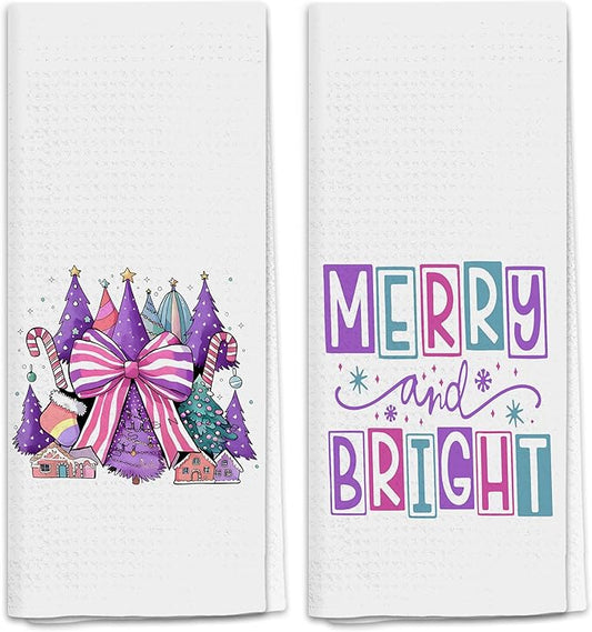 Purple Christmas Tree Kitchen Towels Set of 2, Coquette Bow Xmas Tree Dish Tea Towels for Kitchen, Preppy Christmas Holiday Decorative Hand Towel for Bathroom, 16x24 Inch