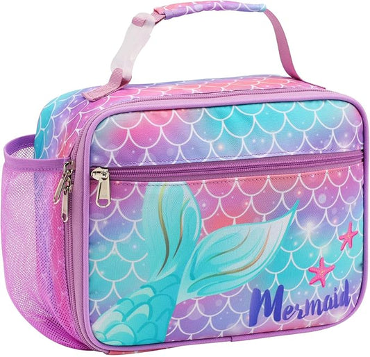 Bagseri Kids Lunch Bag Girls - Kids Lunch Box for Girls Reusable Insulated Lunch Bag with Water Bottle Holder Toddler Lunch Box for Daycare and School, Purple Mermaid Tail (Water Bottle Not Included)