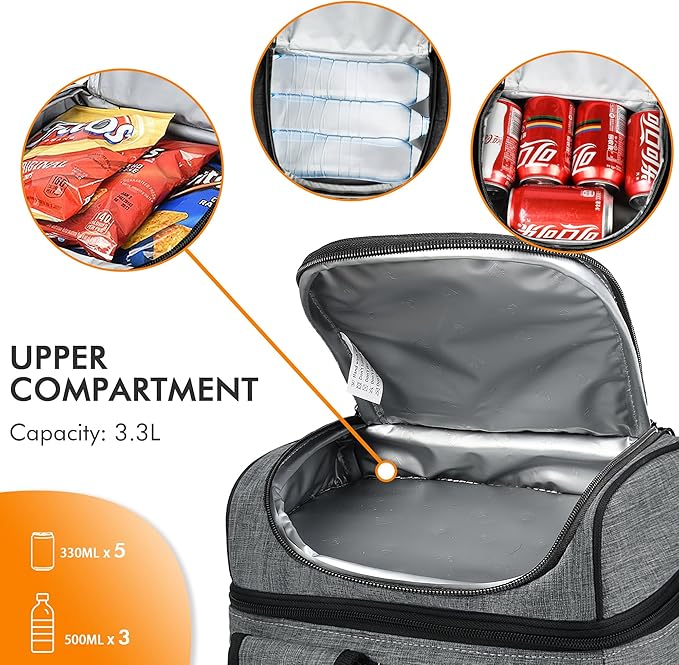 Tirrinia Reusable Lunch Box for Men Women, Insulated Lunch Bag Adult Work, Double Decker Leakproof Lunchbox for Office Picnic Beach—Dual Compartment Lunch Cooler Bag,Dark Gray