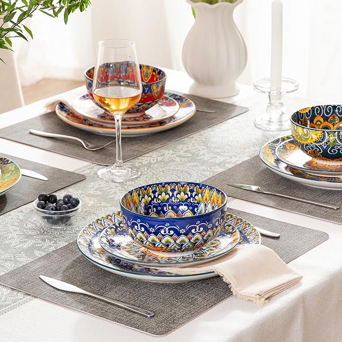 Sweejar Ceramic Dinnerware Sets for 4,12 Pieces Boho Plates and Bowls for Kitchen,Housewaring Gift,Bohemian Style Dish Set,Dishwasher and Microwave Safe(Colorful)