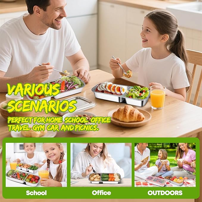 2 Pack Stainless Steel Snack Containers with Lids - Reusable 2 Compartment Snackle Box Container Divide Wet Dry Leakproof Metal Food Storage Containers for School, Home, Travel (Blue + Green)