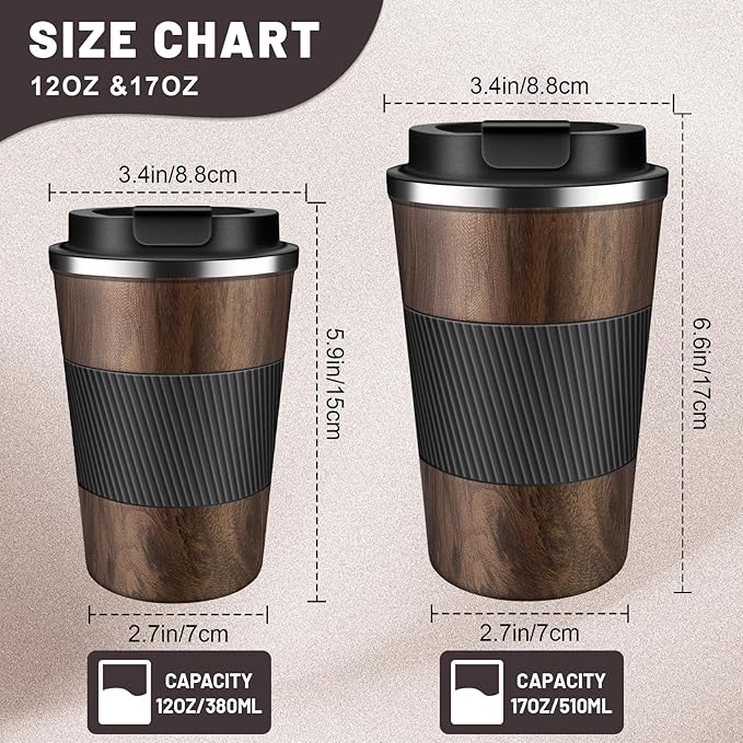 Insulated Coffee Tumblers with Flip Lid 12oz / 17oz, Stainless Steel Travel Coffee Mug Leak Proof, Vacuum Insulated Coffee Mug Reusable Cup, Keeps Cold and Hot for Coffee Tea