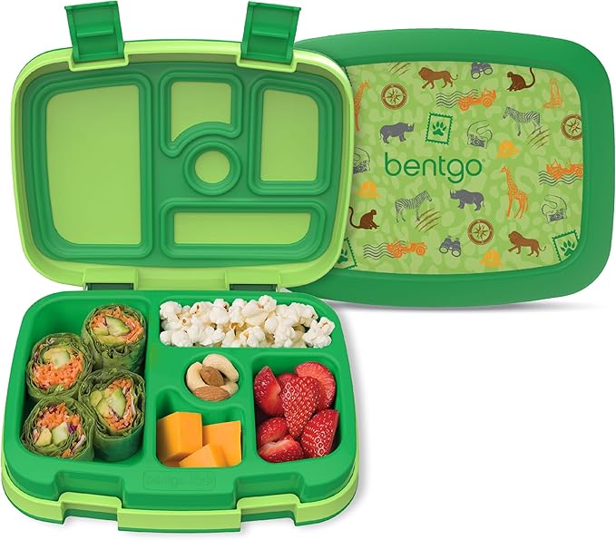 Bentgo Kids Prints Leak-Proof, 5-Compartment Bento-Style Kids Lunch Box - Ideal Portion Sizes for Ages 3-7, Durable, Drop-Proof, Dishwasher Safe, & PFAS & BPA-Free Materials (Safari)