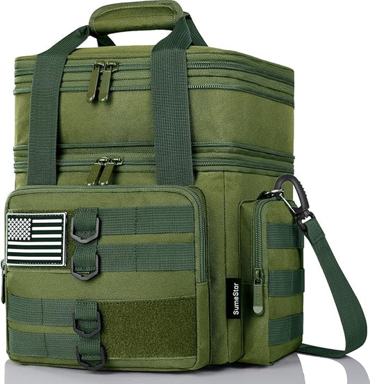 Tactical Lunch Box for Men, Large Insulated Lunch Bag for Adult, Heavy Duty Double Deck Expandable Lunch Cooler Bag with American Flag, Leakproof Soft Lunch Pail for Work Office Camping - Green
