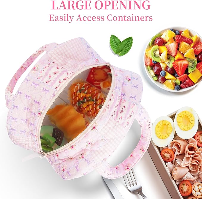 Quilted Lunch Box for Women,Insulated Cute Reusable Lunch Bag with Front Pocket,Pink Flower Stylish Lunch Tote Bag for Work, Office,Picnic, Travel,School (purple pin)