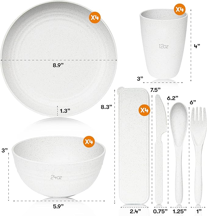 Wheat Straw Dinnerware Sets | Unbreakable Dinnerware Sets | Dishwasher Microwave Safe Dinnerware | Eco Friendly Non Breakable Dinnerware Sets | RV Outdoor Camping (White, Service for 4 (28 pcs))