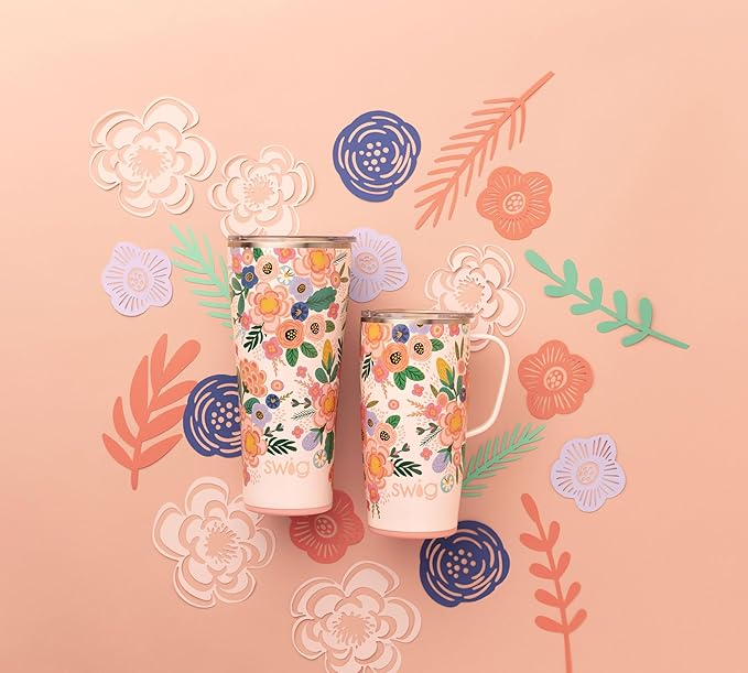 Swig Life 22oz Travel Mug, Insulated Tumbler with Handle and Lid, Cup Holder Friendly, Dishwasher Safe, Stainless Steel, Floral Mug, Flower Tumbler, Mothers Day Gifts for Mom (Full Bloom)