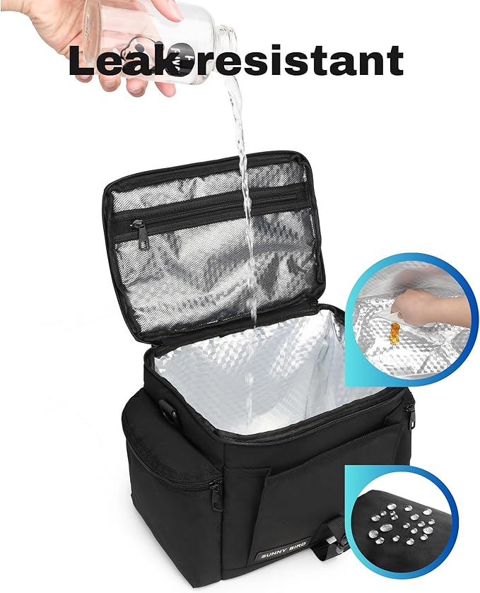 SUNNY BIRD Large Lunch Bag, Thermally Insulated Soft Cooler with Shoulder Strap for Women, Men (Black)