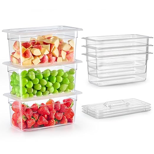 WILPREP 6 Pack Plastic Food Pans with Lids, 1/3 Size 4 in Deep Clear Food Storage Containers, 4.2 qt Stackable Polycarbonate Commercial Hotel Pans for Fruits Vegetables Beans Corns, NSF Listed