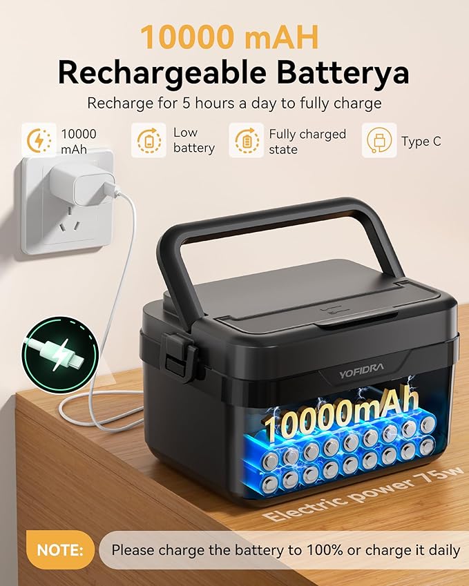 Yofidra Cordless Electric Heated Lunch Box: 6.3 Cups Self Heating Lunch Box with Battery, Timer & Temperature Control, Extra Large Portable Food Warmer for Adults, Men & Women in Office Car Outdoor