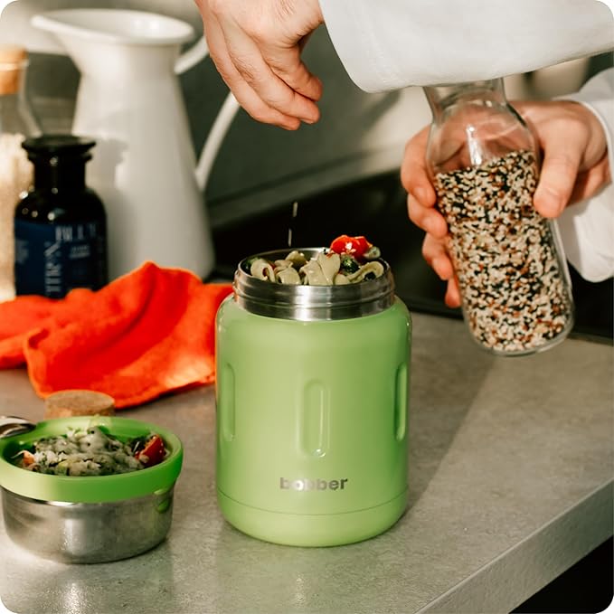 BOBBER 24 oz Insulated Stainless Steel Thermos for Hot Food, Extra-Wide Mouth Soup Container with Spoon and Bowl - Keeps Rice and Pasta Hot for 14 Hours and Salads Cold for 20 Hours (Green)