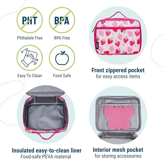 Wildkin Kids Insulated Lunch Box – Durable and Reusable for School & Travel - Strawberry Patch