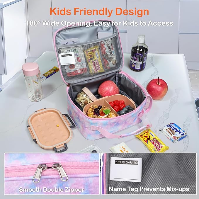 Bagseri Lunch Bag for Girls - Kids Lunch Box for Girls Reusable Leak-Proof and Insulated Kids Lunch Bag Toddler Lunch Box for Daycare and School, Glitter Pink Tie-dye (Water Bottle Not Included)