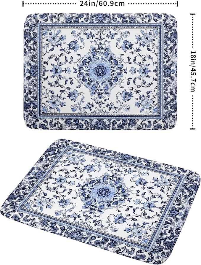 Boho Floral Dish Drying Mat 18x24 Inch Blue Leaves Kitchen Drying Pad Reversible Absorbent Dish Drainer Rack Mats Counter Tableware Decor