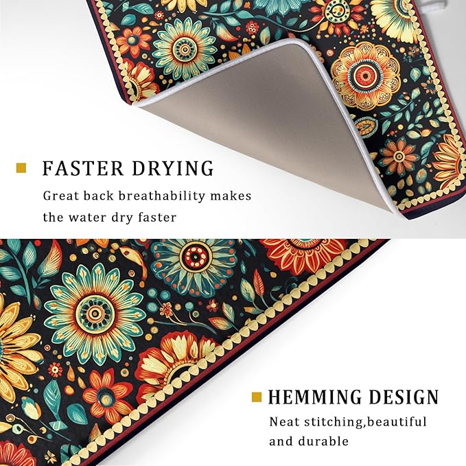 Boho Floral Dish Drying Mat for Kitchen Counter Absorbent Microfiber Flowers Drying Pad 18 X 24 In