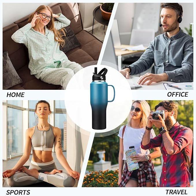 32 40 OZ Insulated Water-Bottle with Handle - Straw & Chug Lid, Strap Carrier Bag & Protective Boot, Stainless Steel Coffee Travel Tumblers, Leak-Proof, Skinny Flask Fit in Car Cup Holder