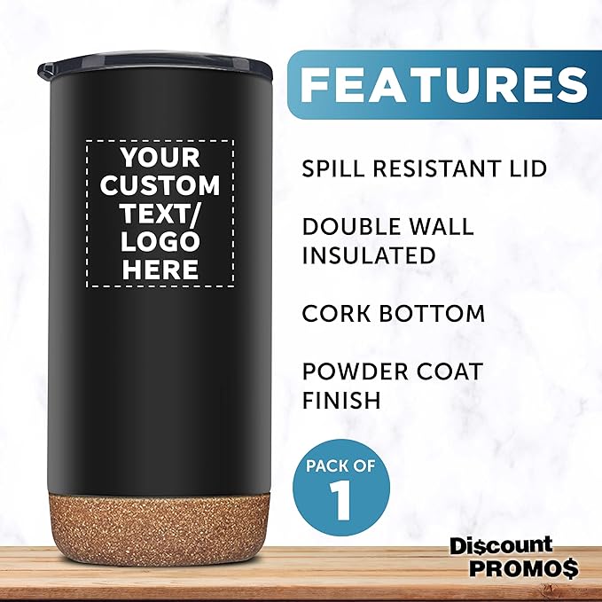 DISCOUNT PROMOS Custom Travel Tumblers with Cork Bottom 16 oz. Set of 1, Personalized Bulk Pack - Double Wall Insulated, Matte Finish, Perfect for Iced Coffee, Soda, Other Beverages - Black
