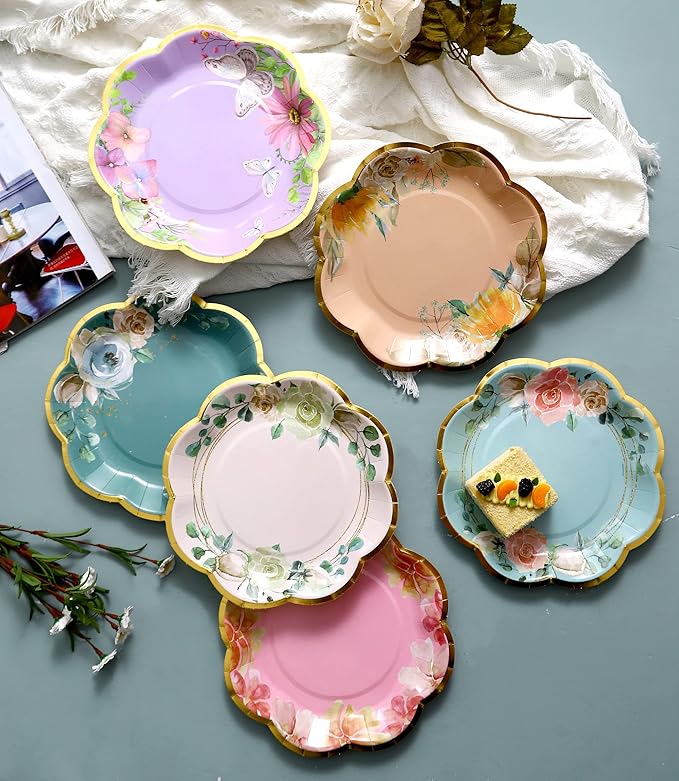 Winoo Design Floral Paper Plates - 48 PK - 9 Inch Flower Party Plates Floral Disposable Plates for Tea Party Baby Shower Brial Shower Birthday Wedding