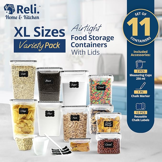 Reli. Airtight Food Storage Containers with Lids (11 Sets) | Kitchen Organizers and Storage Pantry Organizers | BPA Free Plastic Food Container XL Size Variety Pack w/ 2 Measuring Cups, 12 Labels, Pen