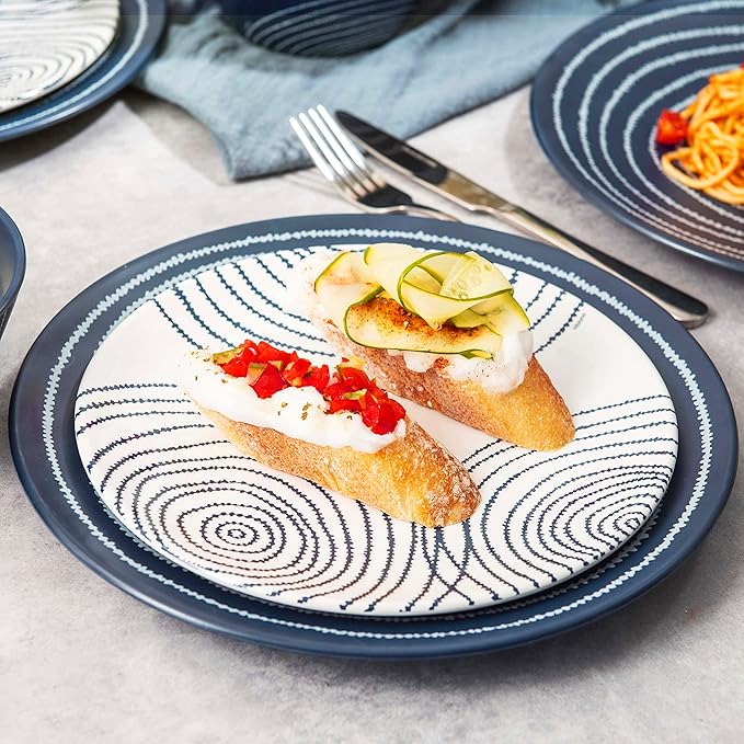 bzyoo 12 Piece Melamine Dinnerware Set - Durable, Dishwasher Safe Blue Plates and Bowls - Dining, Parties, Camping Dish Set Blue Planet Collection