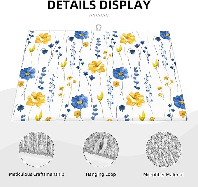 Watercolor Floral Decorative Microfiber Dish Drying Mat for Kitchen Counter 18"x24" Navy Blue Yellow Flower Dishes Pad Dish Drainer Rack Mats Absorbent Washable Reusable