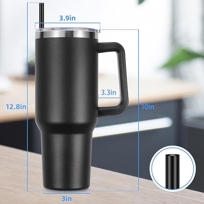 DOMICARE 40 oz Tumbler with Handle and Straw, Stainless Steel Tumbler with Lid and Straw, Reusable Vacuum Insulated Cup, Travel Coffee Mug, Black, 4Pack