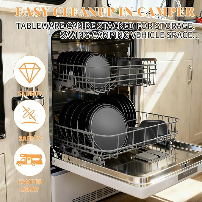 40 Piece RV and Camping Dinnerware Set, Microwave Safe Plates and Bowls Set for 8 with Cutlery, Lightweight & Unbreakable, The Perfect Melamine Alternative Black