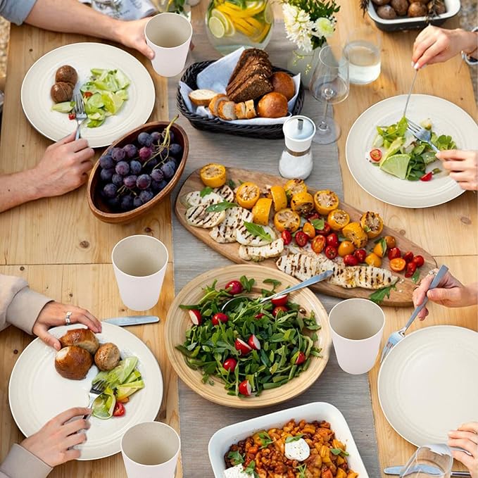 supernal 24pcs Wheat Straw Dinnerware,Unbreakable Dinner Plates Set,Microwave Dishwasher Safe,Beige Reusable Plates for Picnic,Birthday,Camping