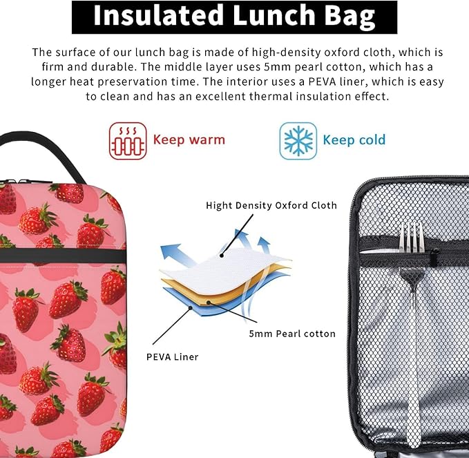 Strawberry Insulated Lunch Box for Women Men Strawberry Lunch Bag for Travel,or Fishing Polyester