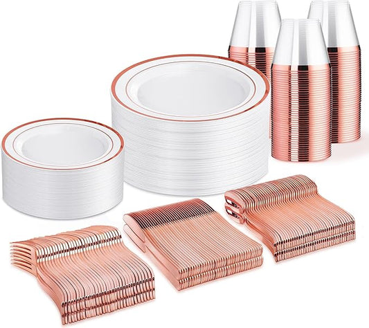 WELLIFE 300 PCS Rose Gold Dinnerware Set for 50 Guests, Valentine's Day Plate, 50 Dinner & Salad Plates,Cups, Forks Knives Spoons for Wedding Reception and Mothers Day Plates