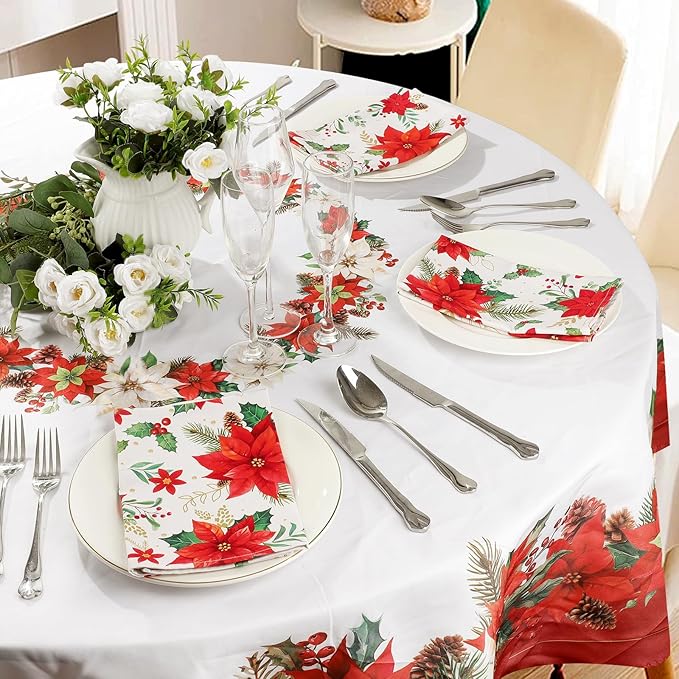 Christmas Red Flower Napkins, 18×18 Inch Dinner Cloth Napkins Set of 4, Washable Cotton Soft Absorbent Square Napkins for Dining Kitchen Party Wedding Decoration